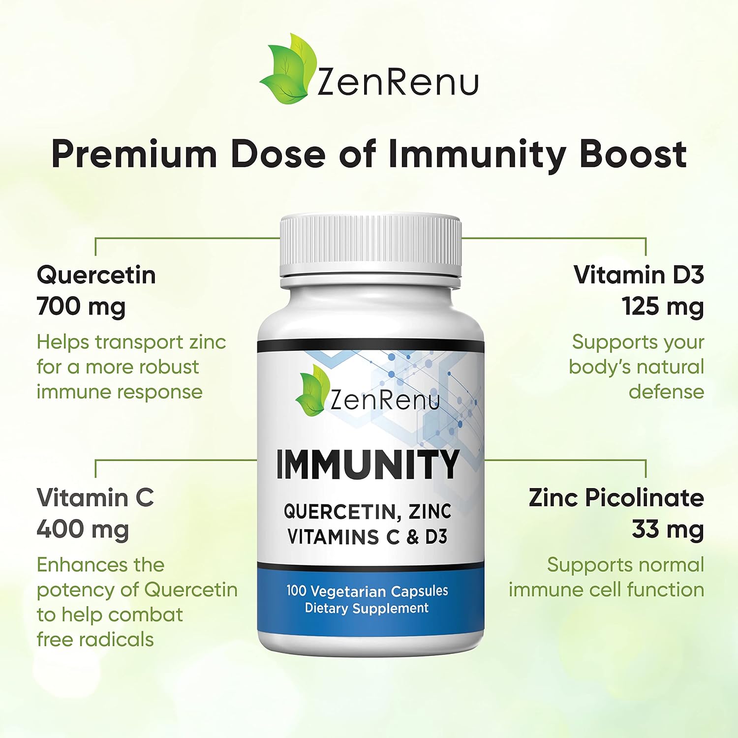 Immunity Quercetin 700 mg with Zinc, Vitamin C, Vitamin D3, and Curcumin – 100 Vegetarian Capsules - görsel 2