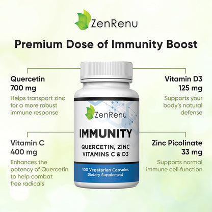 Immunity Quercetin 700 mg with Zinc, Vitamin C, Vitamin D3, and Curcumin – 100 Vegetarian Capsules