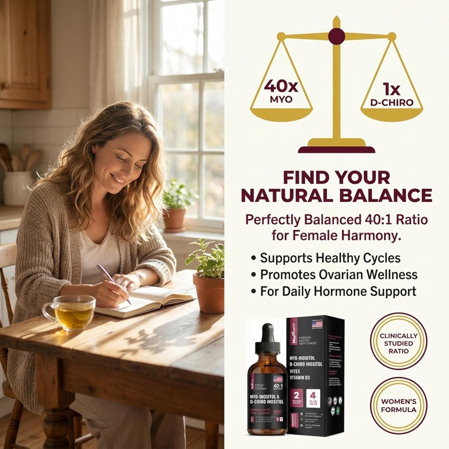 Myo-Inositol & D-Chiro Inositol Liquid Drops for Women – 40:1 Ratio with Vitex & Vitamin D3, 118 ml (2-Month Supply) - görsel 2