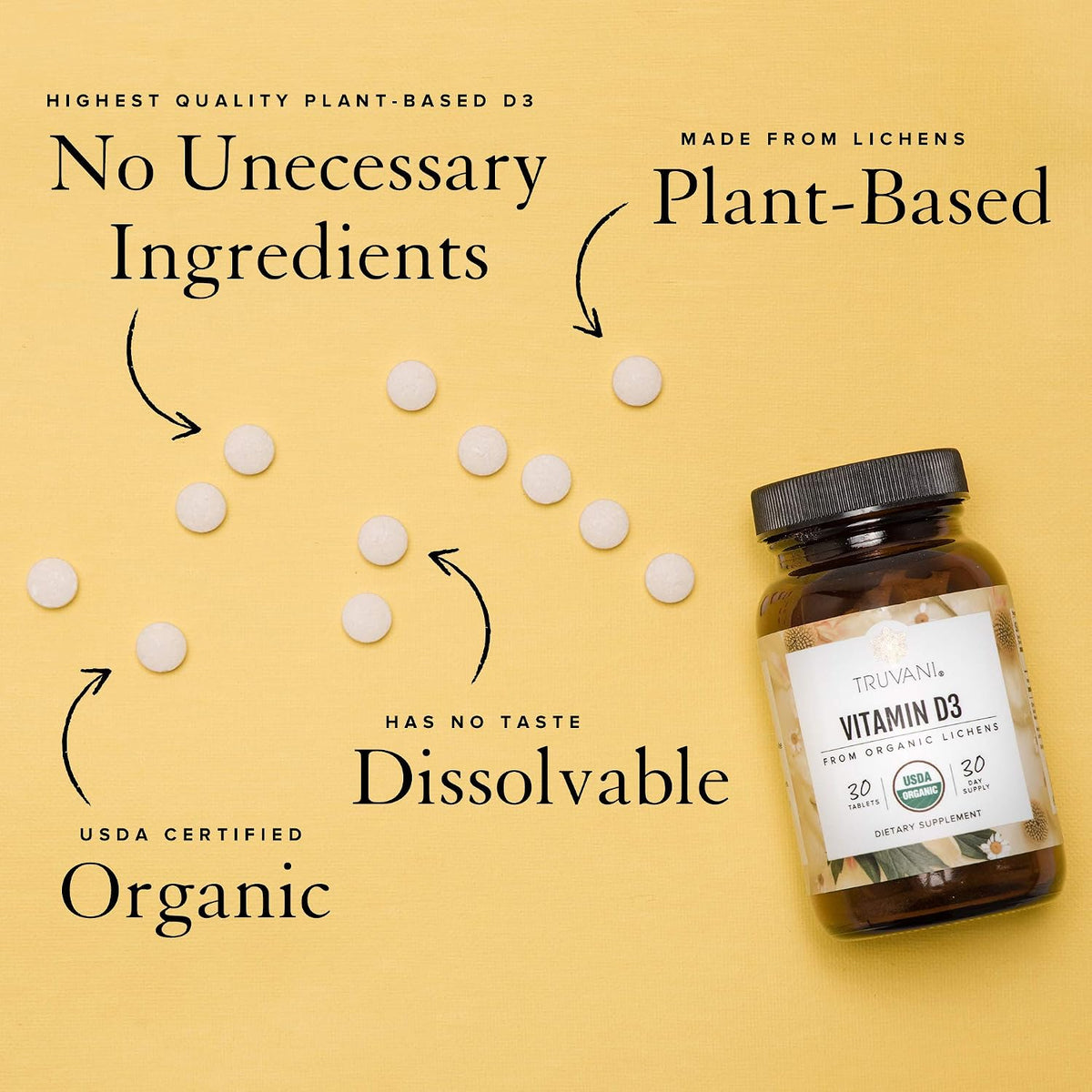 Truvani Organic Vitamin D3 - Plant-Based, USDA Organic, Gluten-Free, Non-GMO, Vegan D3 Supplement - Supports Normal Bone, Immune & Muscle Function - 30 Tablets - görsel 2