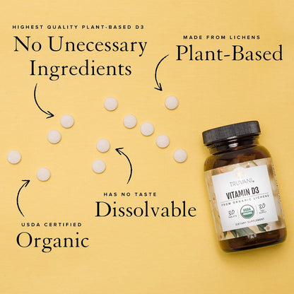Truvani Organic Vitamin D3 - Plant-Based, USDA Organic, Gluten-Free, Non-GMO, Vegan D3 Supplement - Supports Normal Bone, Immune & Muscle Function - 30 Tablets
