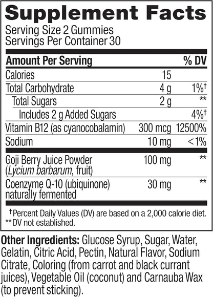 OLLY Daily Energy Gummy, Caffeine-Free, Vitamin B12, CoQ10, Goji Berry, Tropical Flavour – 60 Gummies