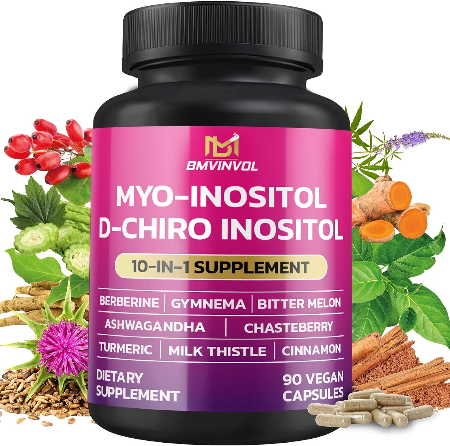 BMVINVOL Inositol Supplement - Myo-Inositol and D-Chiro Inositol Ideal 40:1 Ratio - Plus Berberine, Cinnamon, Ashwagandha + 5 More - 150 Capsules - görsel 9