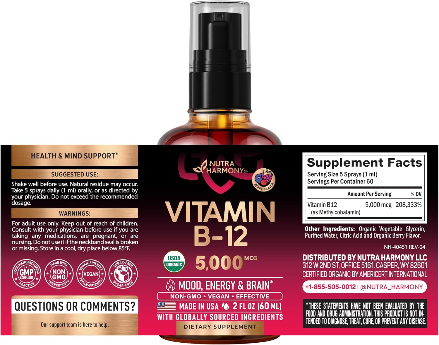 USDA Organic Vitamin B12 Sublingual Spray – 5000 mcg Methylcobalamin – Vegan Liquid Supplement – 60 ml - görsel 2