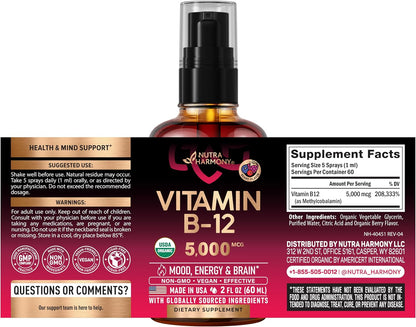 USDA Organic Vitamin B12 Sublingual Spray – 5000 mcg Methylcobalamin – Vegan Liquid Supplement – 60 ml