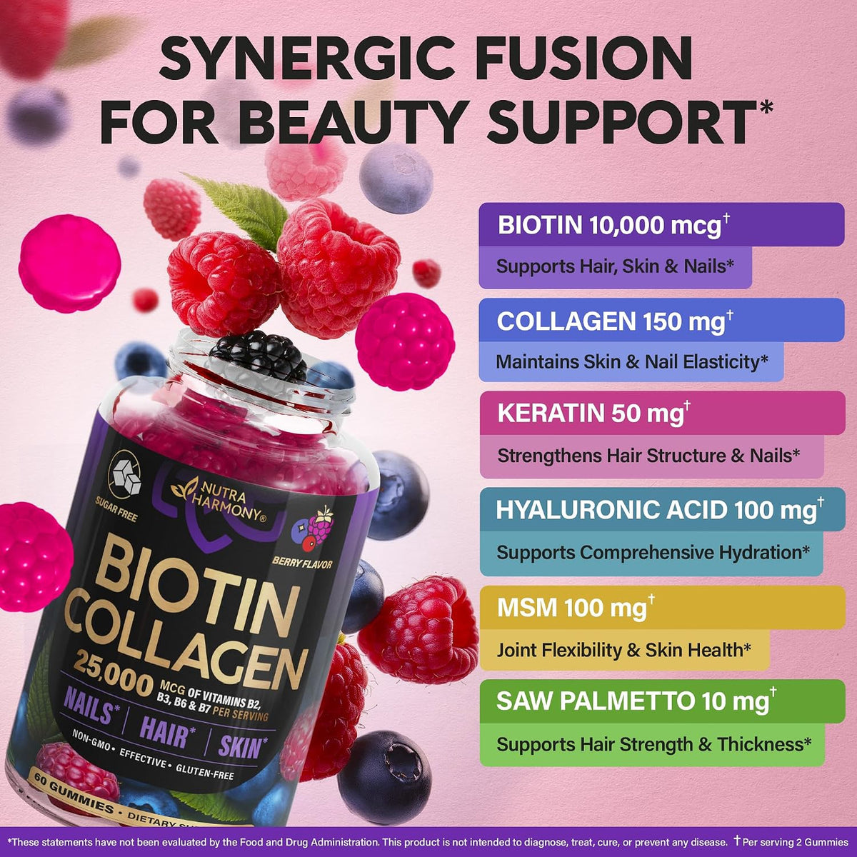 NUTRAHARMONY Biotin Gummies with Collagen - Hair, Skin and Nail Support - 10000mcg, Sugar-Free, Mixed Berry, 60 Gummies - görsel 5