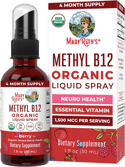 MaryRuth's Organic Methyl B12 Spray | 1,500 µg B12 Per Serving | Methylcobalamin | Energy Metabolism Support | Normal Nervous System Function | Vegan | Gluten-free | Sugar Free | 30 ml