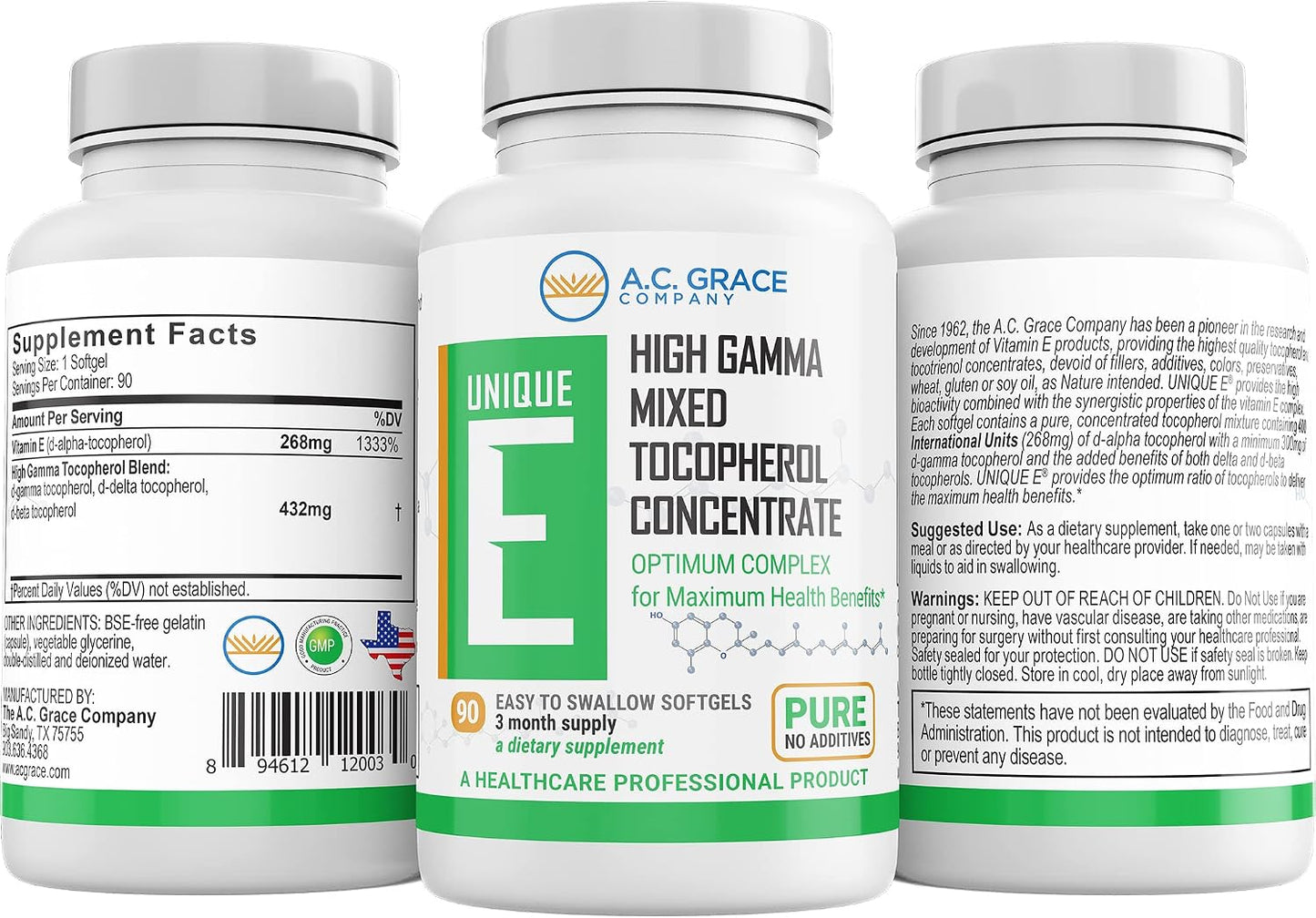 UNIQUE E A.C. Grace Company, Mixed Tocopherols Concentrate Softgels, 90 Softgels - görsel 2