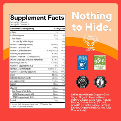 SmartyPants Kids Multivitamin Gummies with Omega-3 DHA/EPA, Vitamins D3, C, B12, B6, A, K, and Zinc, Gluten-free, Clean Labelled, Three Fruit Flavours, 60 Gummies (30 Day Supply)