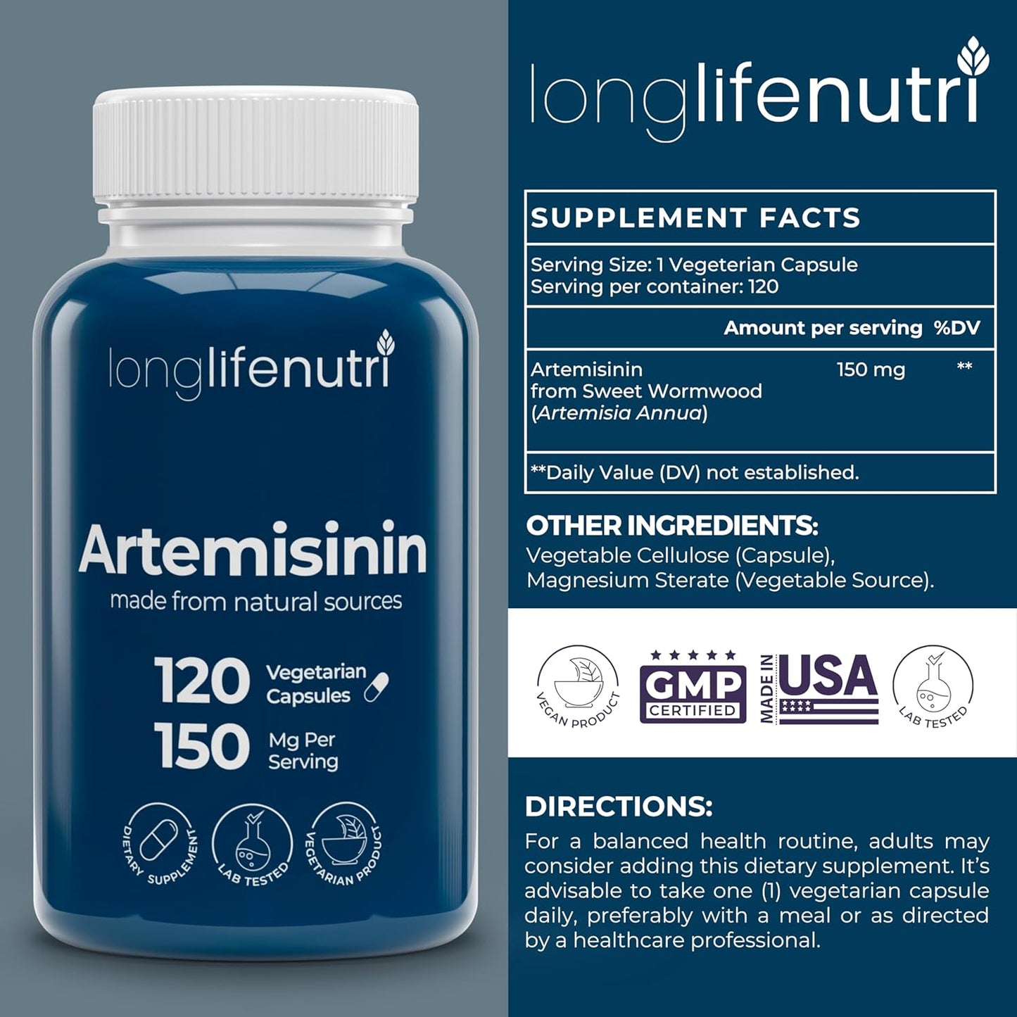 LongLifeNutri Artemisinin 150mg - Organic Sweet Wormwood Food Supplement, 120 Vegetarian Capsules - görsel 2