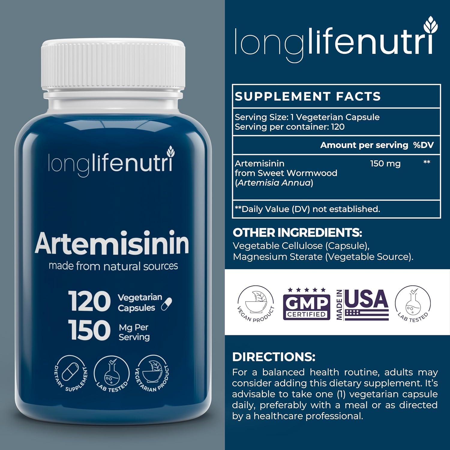 LongLifeNutri Artemisinin 150mg - Organic Sweet Wormwood Food Supplement, 120 Vegetarian Capsules - görsel 2