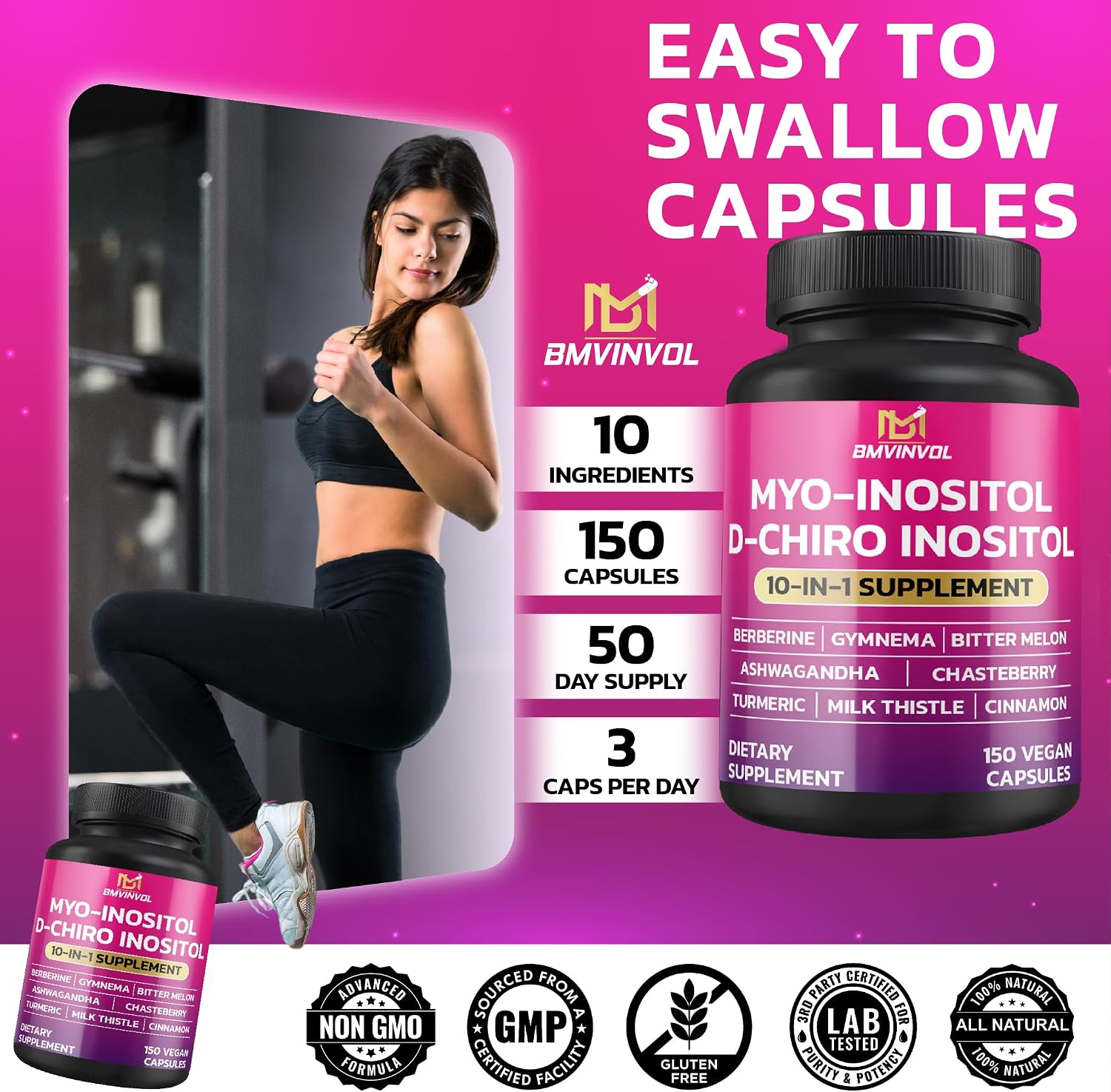 BMVINVOL Inositol Supplement - Myo-Inositol and D-Chiro Inositol Ideal 40:1 Ratio - Plus Berberine, Cinnamon, Ashwagandha + 5 More - 150 Capsules - görsel 6