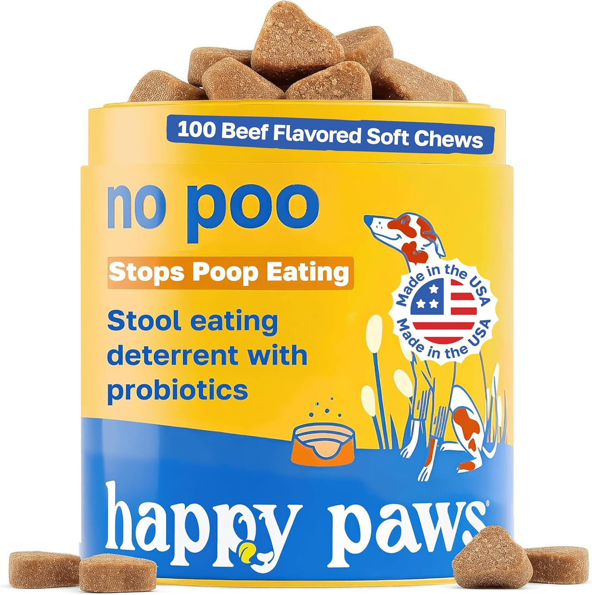 Happy Paws No Poo Chews for Dogs - Coprophagia Deterrent with Probiotics, Pumpkin & Enzymes, Beef Flavour, 100 Count - görsel 1