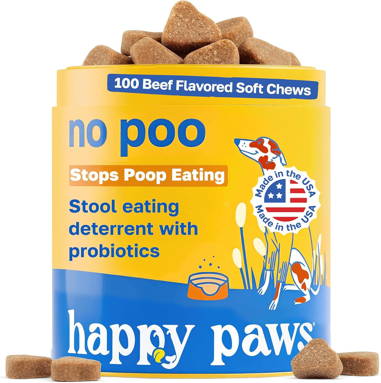 Happy Paws No Poo Chews for Dogs - Coprophagia Deterrent with Probiotics, Pumpkin & Enzymes, Beef Flavour, 100 Count - görsel 1