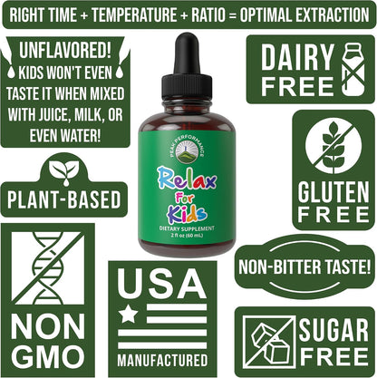 Peak Performance Kids Calm Liquid Drops for Relaxation, Calming and Sleep | Tasteless when Mixed with Water - Sugar-Free 9-in-1 Non-Habit Forming Vegan Supplement with Magnesium, Chamomile 60 ml
