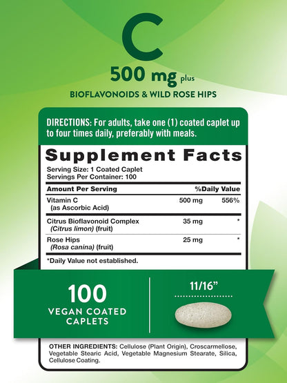 Nature's Truth Vitamin C with Rose Hips and Bioflavonoids | 500 mg | 100 Caplets | Vegan, Non-GM & Gluten-free