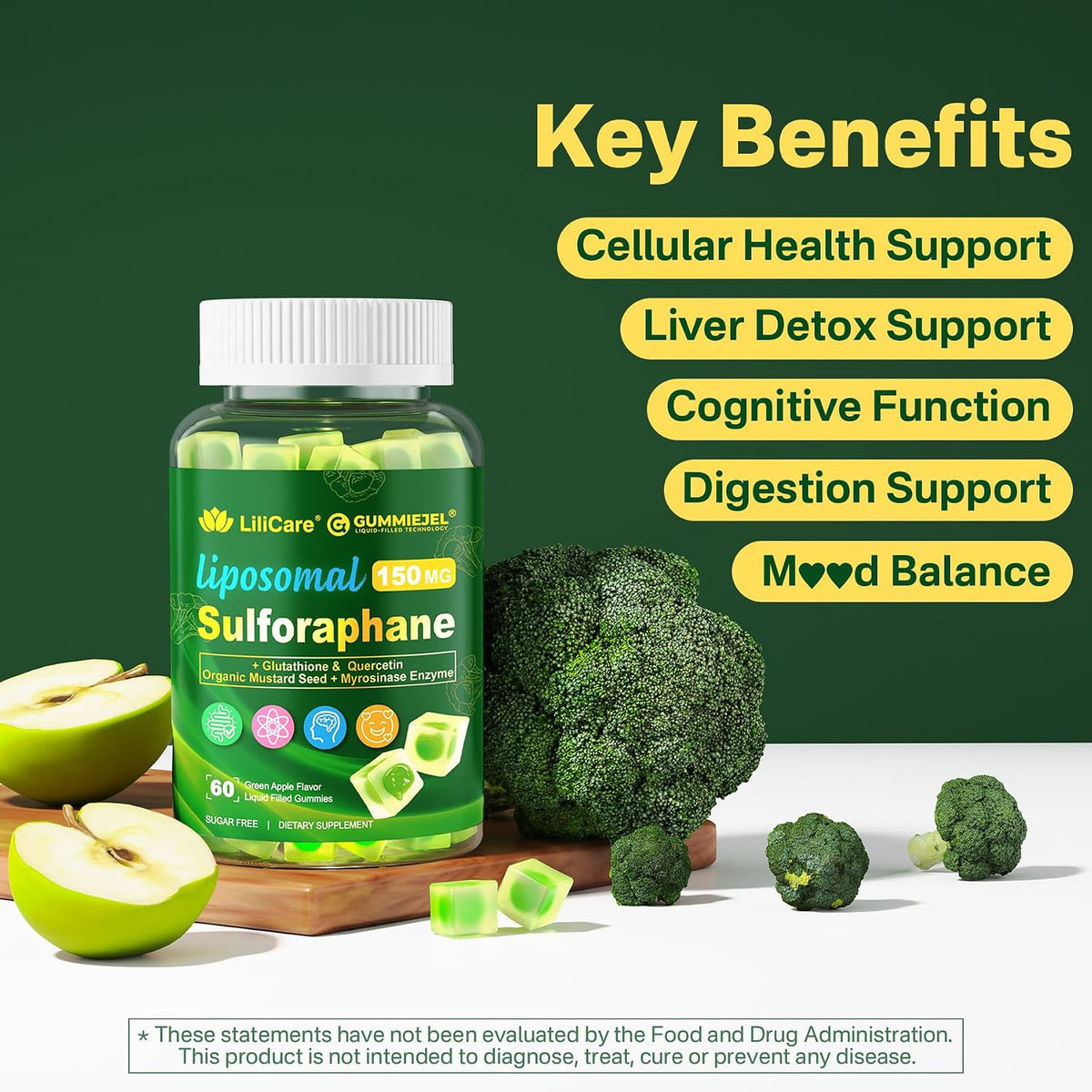 Liposomal Sulforaphane Supplement 150mg – Broccoli Seed Extract with Myrosinase, Quercetin, Glutathione – Chewable Gummies, 120 Gummies - görsel 7