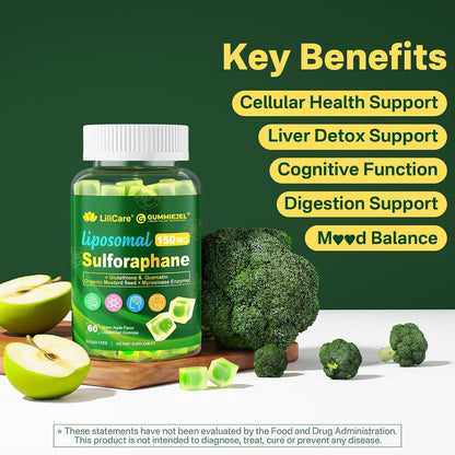 Liposomal Sulforaphane Gummies 150mg | Broccoli Seed Extract with Myrosinase, Quercetin & Glutathione | Antioxidant & Cellular Health | 60 Chewables