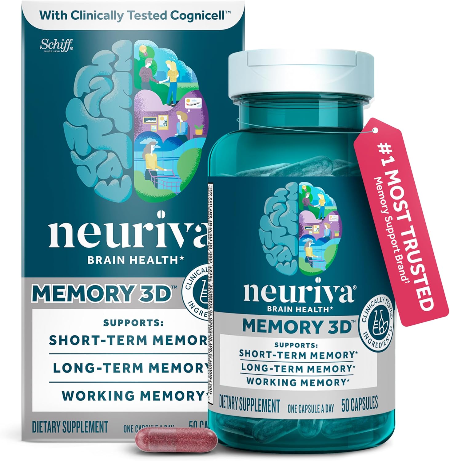 NEURIVA Memory 3D Brain Supplements for Memory and Focus, Vitamin B12 & B6, Folic Acid, 50 Capsules - görsel 1