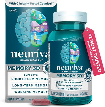 NEURIVA Memory 3D Brain Food Supplement - Nootropic Capsules for Memory, Focus & Cognitive Function - 50 Capsules (Pack of 2)