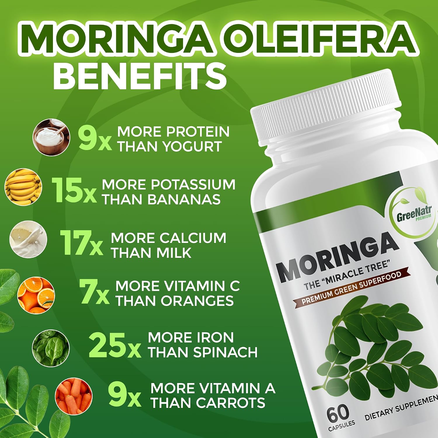 Pure Moringa Oleifera Green Superfood Capsules with Vitamin C, Omega 3 & Amino Acids - 60 Capsules - görsel 2