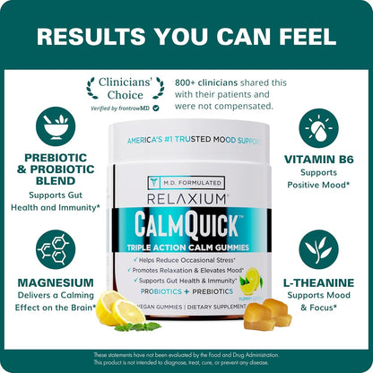 Relaxium Calm Gummies – Calm, Gut Health & Immune Support – Vitamin B6, Magnesium, L-Theanine – Prebiotic & Probiotic Blend – Lemon Flavour, 60 Gummies