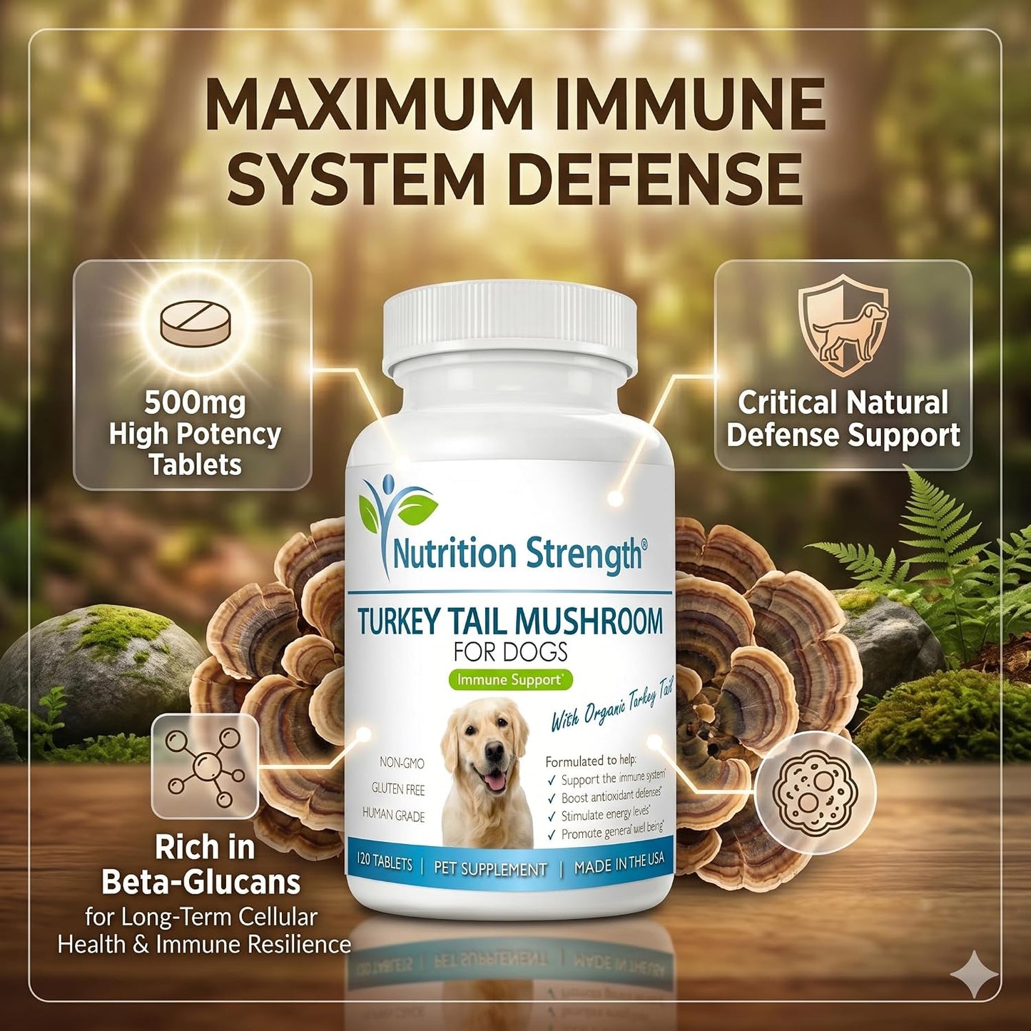 Nutrition Strength Organic Turkey Tail Mushroom for Dogs - 500mg Immune Support - 120 Chewable Tablets - görsel 3