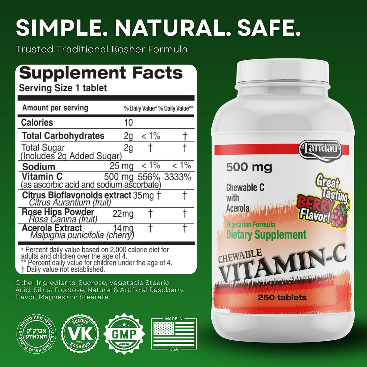 LANDAU Chewable Vitamin C 500mg with Acerola – Berry Flavour – Kosher & Made in USA – 250 Tablets - görsel 6