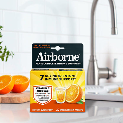 Airborne 1000mg Vitamin C with Zinc Effervescent Tablets, Food Supplement with Vitamins A, C, E & Zinc for Normal Immune Function - 20 Fizzy Drink Tablets, Tangy Orange Flavour