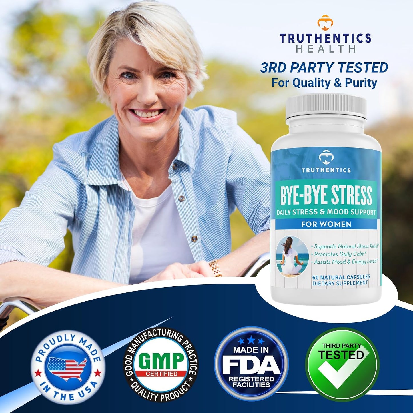 TRUTHENTICS Bye-Bye Stress - Stress & Mood Support Supplement for Women with Ashwagandha, GABA, Lemon Balm, L-Theanine & Vitamin B Complex - Vegan - 60 Capsules - görsel 6