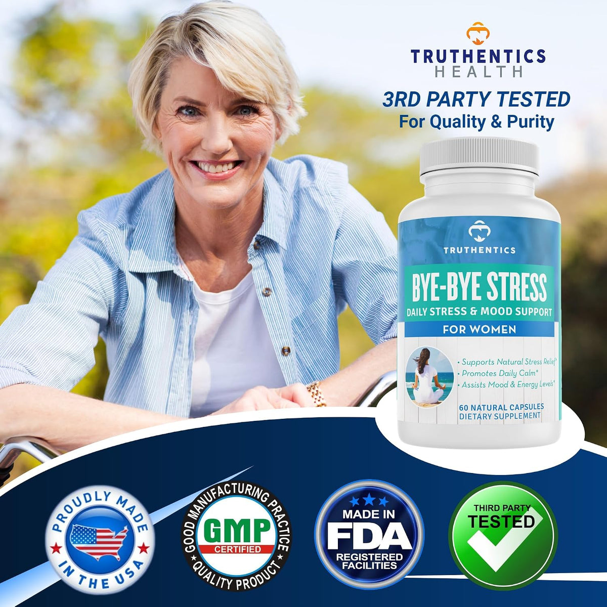 TRUTHENTICS Bye-Bye Stress - Stress & Mood Support Supplement for Women with Ashwagandha, GABA, Lemon Balm, L-Theanine & Vitamin B Complex - Vegan - 60 Capsules - görsel 6