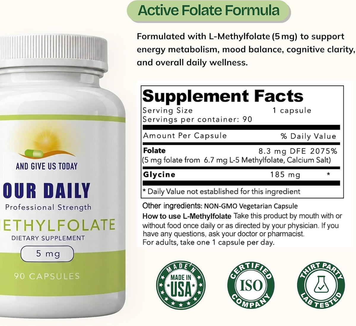 Our Daily Vites L-Methylfolate 5mg – Active 5-MTHF Methylated Folate Supplement for Women and Men – 90 Capsules - görsel 3