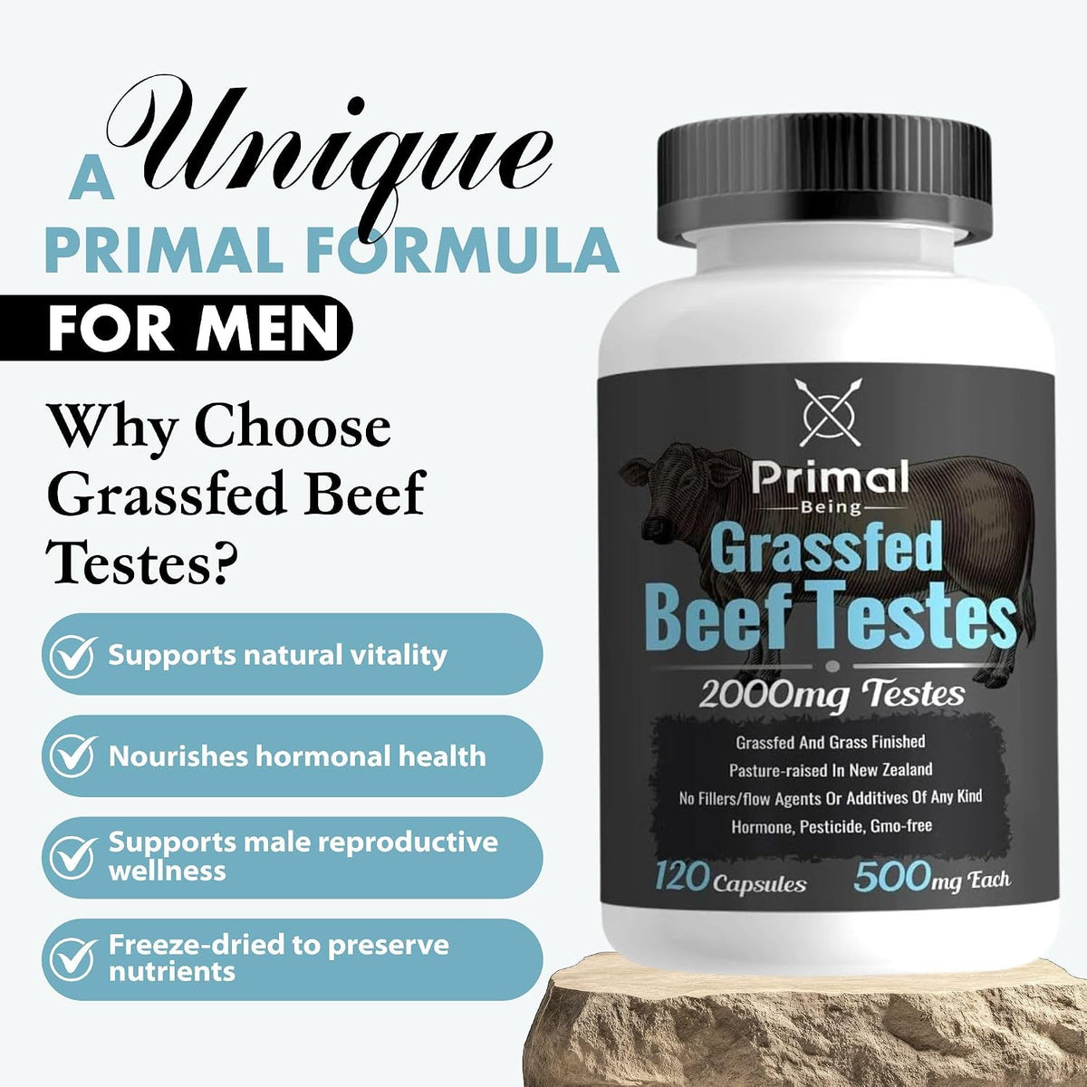 Primal Being Grass-Fed Beef Testes Capsules – Nutrient-Dense Beef Organ Supplement for Men, New Zealand Sourced, 120 Capsules - görsel 6