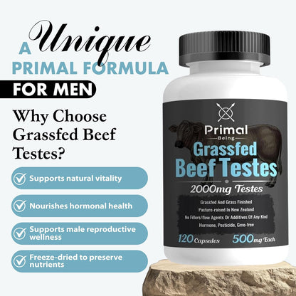 Primal Being Grass-Fed Beef Testes Capsules – Nutrient-Dense Beef Organ Supplement for Men, New Zealand Sourced, 120 Capsules