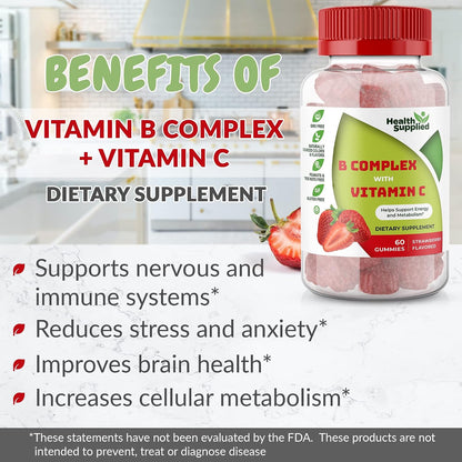 Strawberry Flavoured Vitamin B Complex Gummies - B Complex with Vitamin C - Contributes to Normal Nervous System and Energy Release - Supports Cognitive Function - Great Tasting and Easy to Swallow
