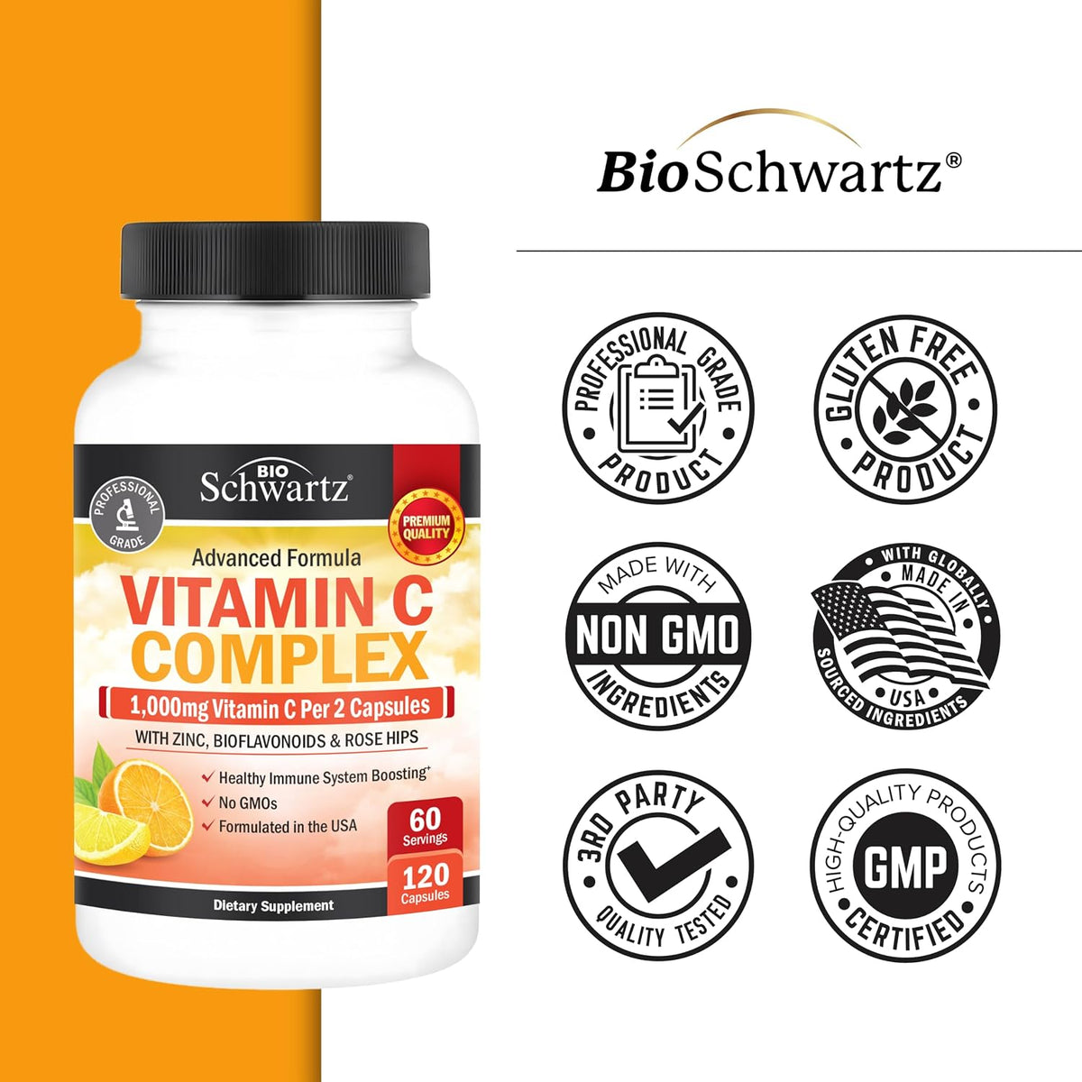 BioSchwartz Vitamin C Complex - 1000mg Capsules with Rose Hips, Zinc & Citrus Bioflavonoids, 120 Capsules - görsel 7