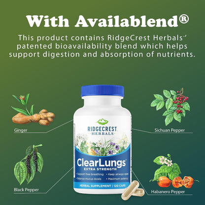 RidgeCrest Herbals ClearLungs Extra Strength, Daily Food Supplement, Natural Lung and Nasal Wellness Formula (120 Vegan Caps, 60 Serv)