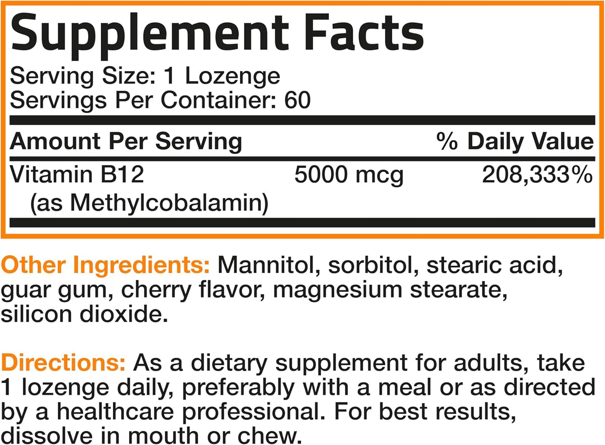 Bronson Methyl B12 5000 mcg Vitamin B12 Methylcobalamin Energy & Brain Support 60 Lozenges - görsel 6