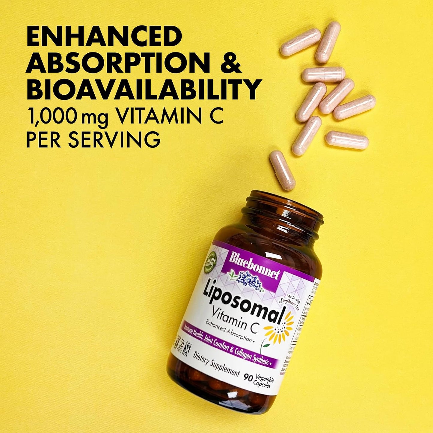 BlueBonnet Nutrition Liposomal Vitamin C 1000 mg, Made with Sunflower Oil, Immune & Joint Support, Vegan, Kosher, Non-GMO, Gluten-Free, Soya-Free, Milk-Free, 180 Vegetable Capsules, 90 Servings - görsel 3
