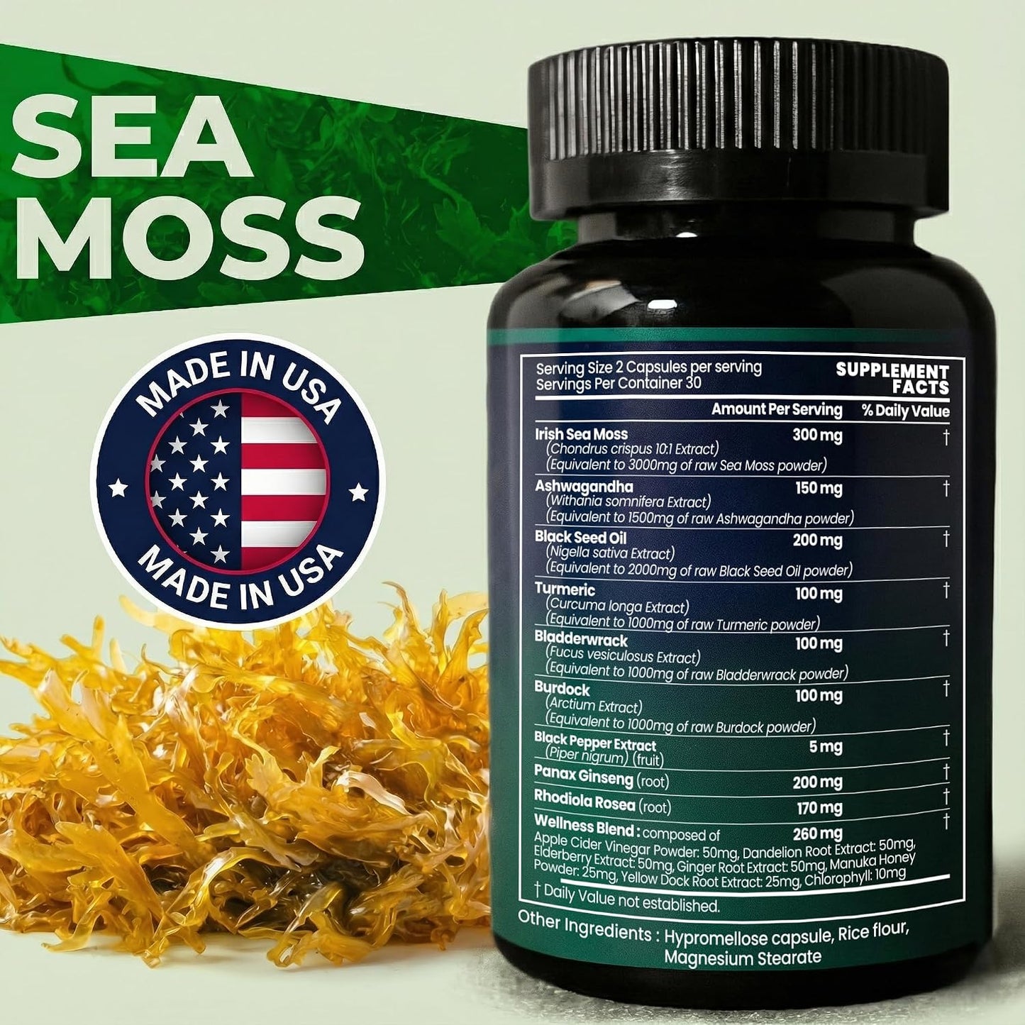 Sea Moss Black Seed Oil Ashwagandha Ginger - Advanced Irish Sea Moss Capsules All-in-One Supplement - görsel 3