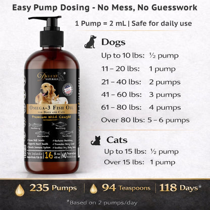 Deluxe Naturals Rich Omega-3 Fish Oil for Dogs & Cats - Wild-Caught EPA DHA Supplement, 473 ml