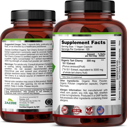 Zazzee USDA Organic Tart Cherry 10:1 Extract - 120 Vegan Capsules