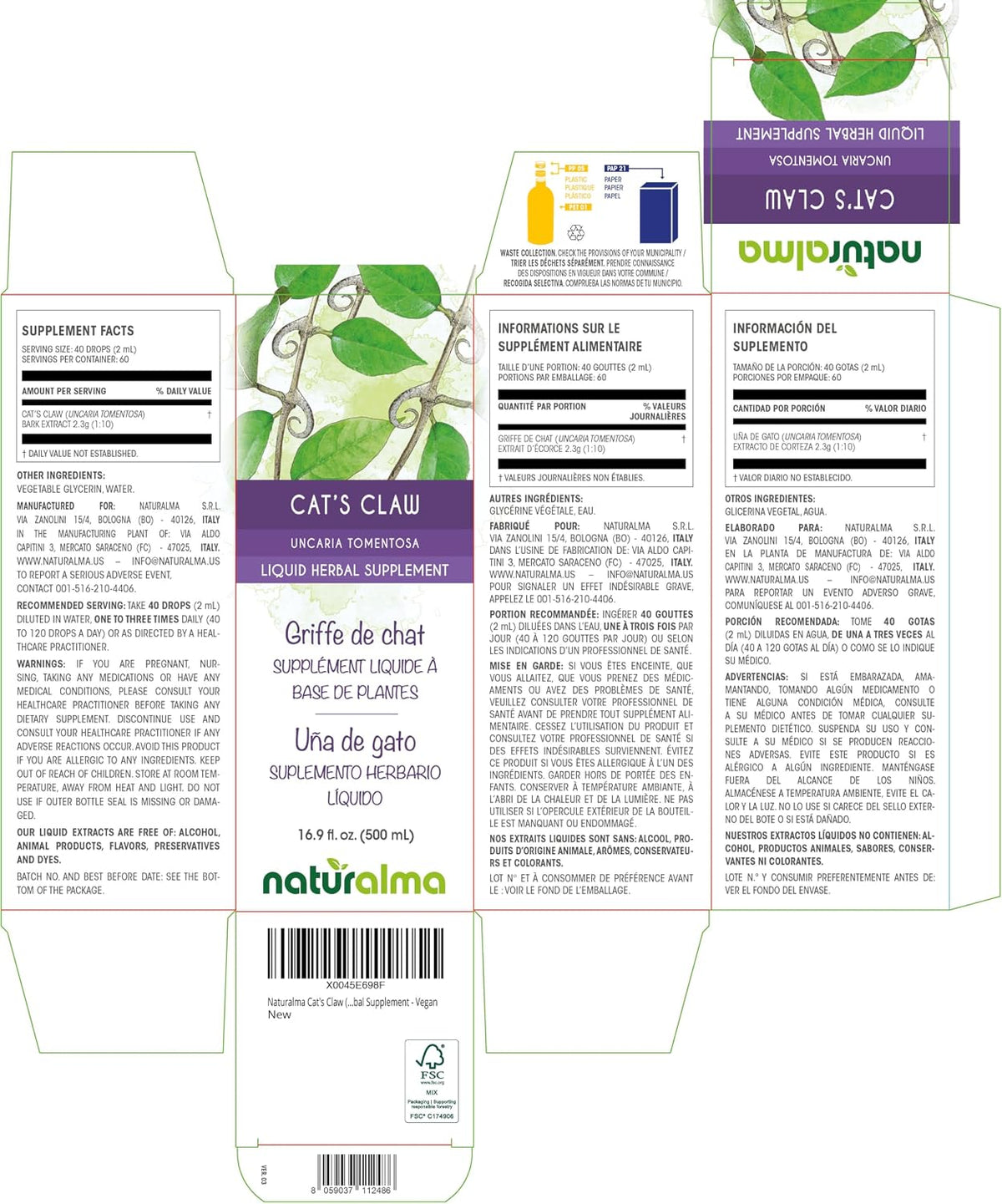 Naturalma Cat's Claw (Uncaria tomentosa) Bark Alcohol-Free Tincture - 500 ml Liquid Extract in Drops - Herbal Supplement - Vegan - görsel 2