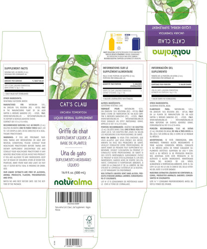Naturalma Cat's Claw (Uncaria tomentosa) Bark Alcohol-Free Tincture - 500 ml Liquid Extract in Drops - Herbal Supplement - Vegan