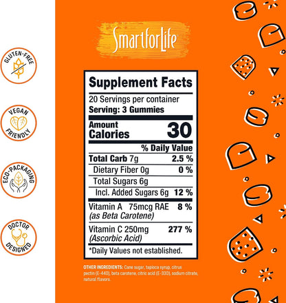 Smart for Life Vitamin C Gummies - Plant-Based Vegan Vitamin C Gummies Natural Orange Flavour - Immune Support Gummies for Adults and Kids - Non-GMO - Dietary Supplement - 60 Count
