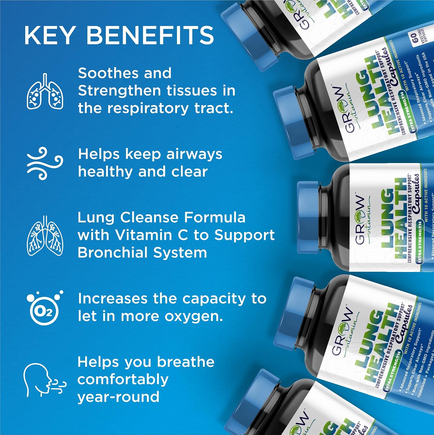 Grow Vitamin Lung Health – Respiratory Support Supplement with Vitamin C and Stinging Nettle, 60 Vegetarian Capsules - görsel 2