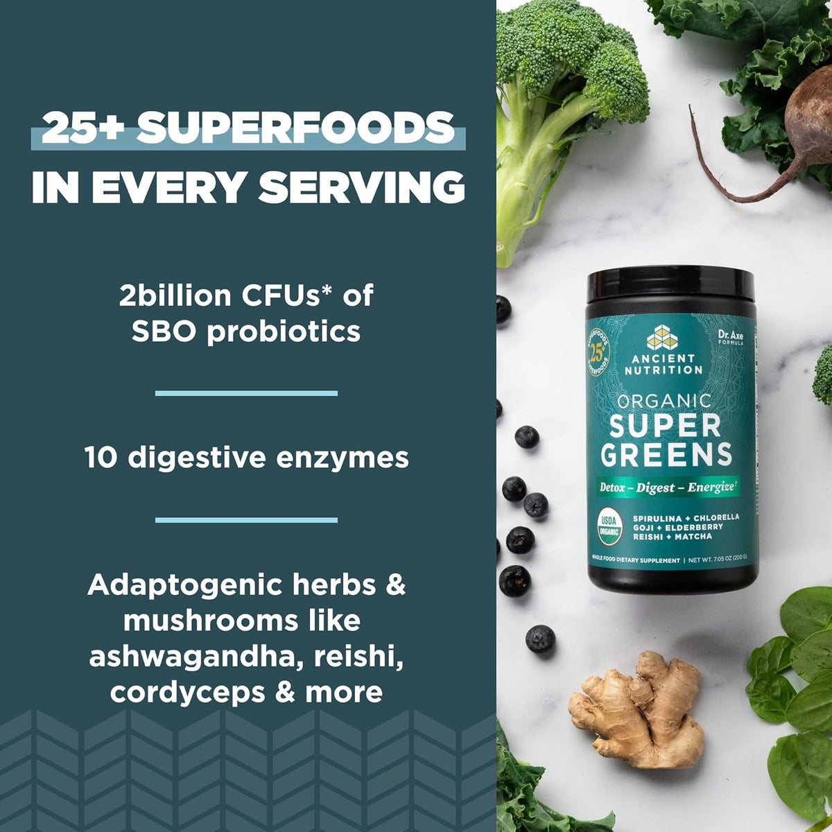 Ancient Nutrition Organic Super Greens Powder - Spirulina, Chlorella, Probiotics, 25 Servings - görsel 3
