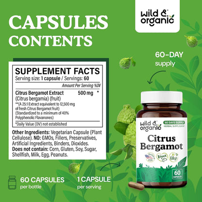 Wild & Organic Citrus Bergamot Capsules - Antioxidant & Overall Wellness Support - 60 Capsules