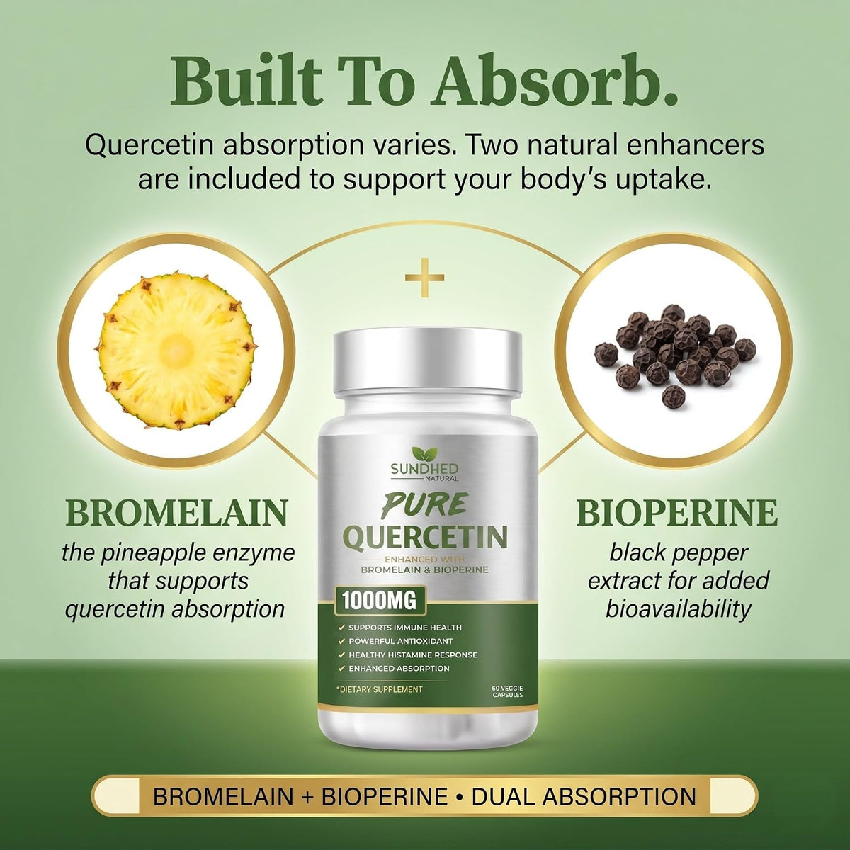 Pure Quercetin with Bromelain and Bioperine - Antioxidant Support, Extra Strong Formula with 1000mg, 1-Month Supply - görsel 3