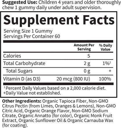 Garden of Life Kids Vitamin D3 Gummies, Orange, 20 mcg (800 IU), 60 Vegetarian Gummies
